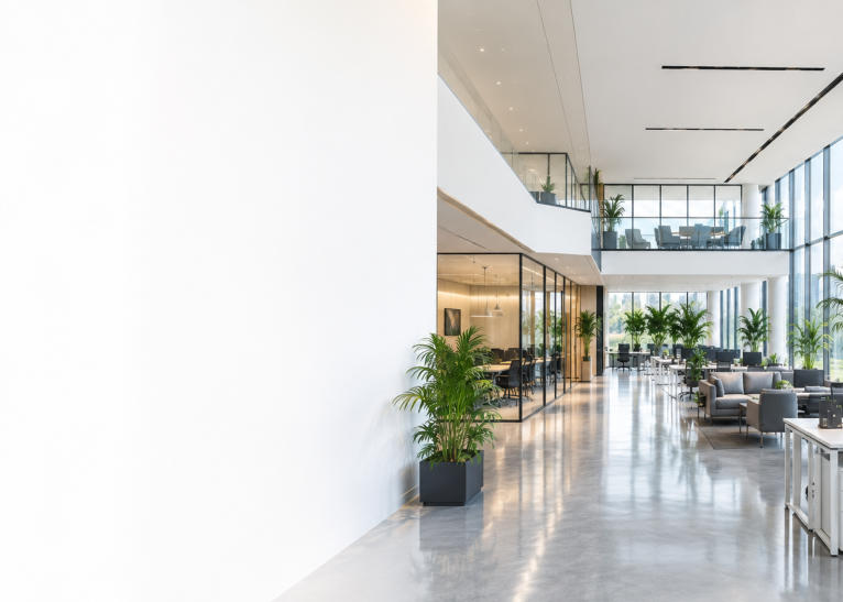 Modern open-plan commercial office interior with workstations and meeting rooms in Egypt