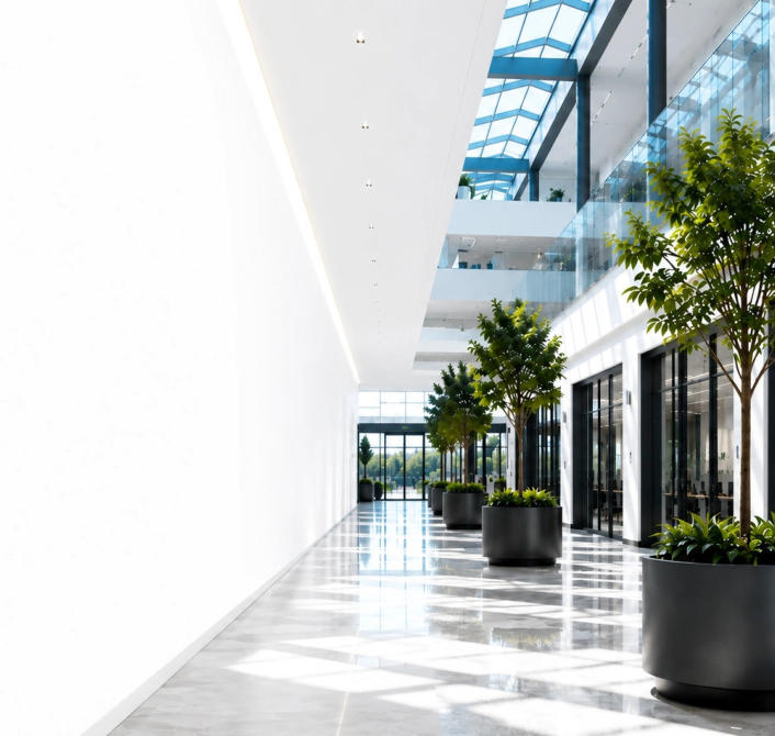 Modern office building with glass walls, polished floors and indoor plants