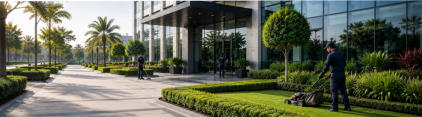 Landscaping and grounds maintenance at a modern commercial building in Cairo
