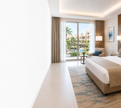 Modern hotel guest room with premium furnishings and resort view in Egypt
