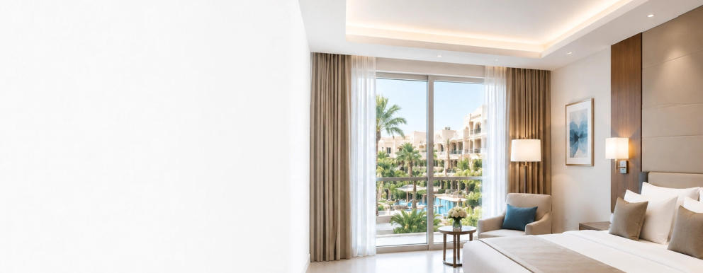 Modern hotel guest room with premium furnishings and resort view in Egypt
