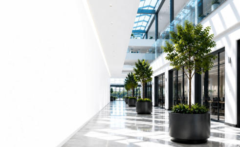 Modern office building with glass walls, polished floors and indoor plants
